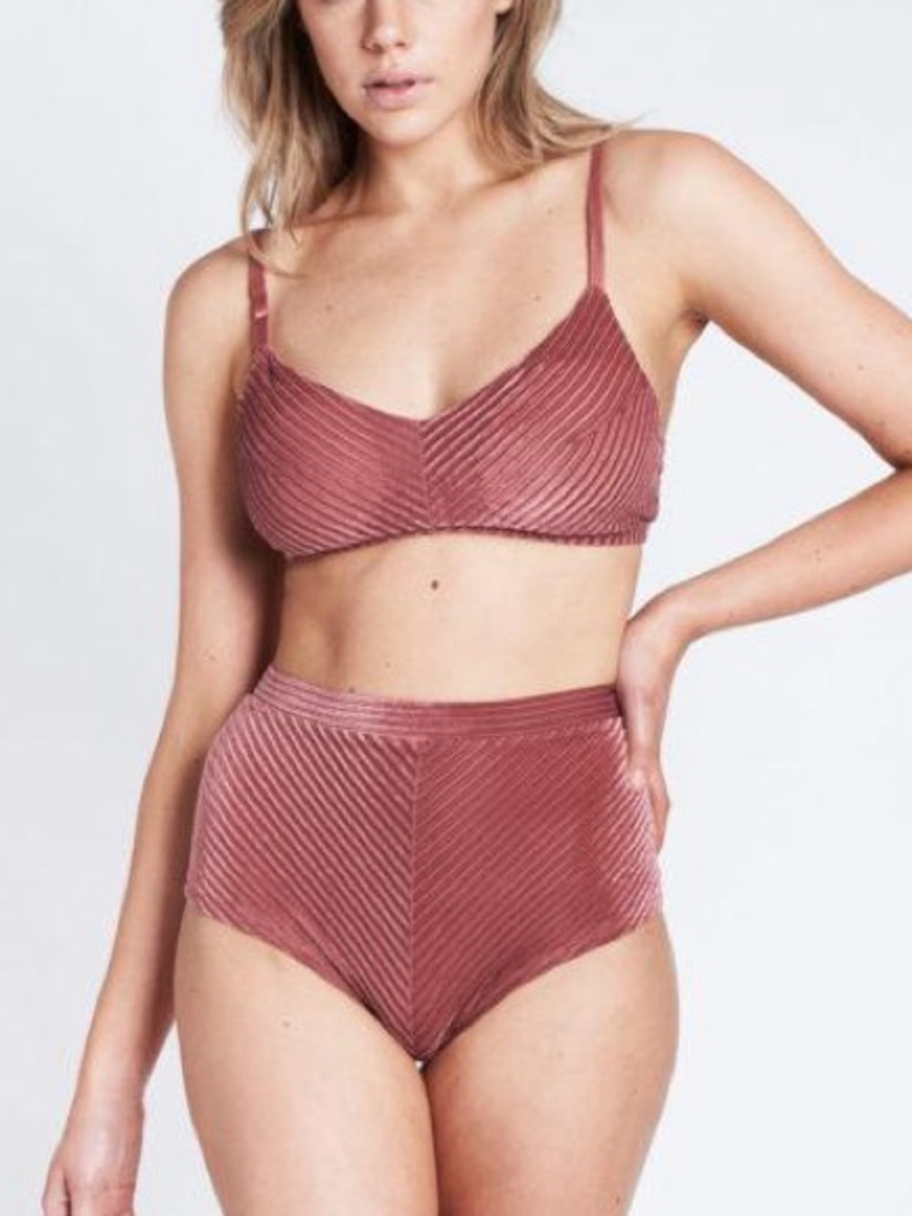 Luna Polewear Velvet Ribbed High-Waist Bra Set XS - Dusty Rose